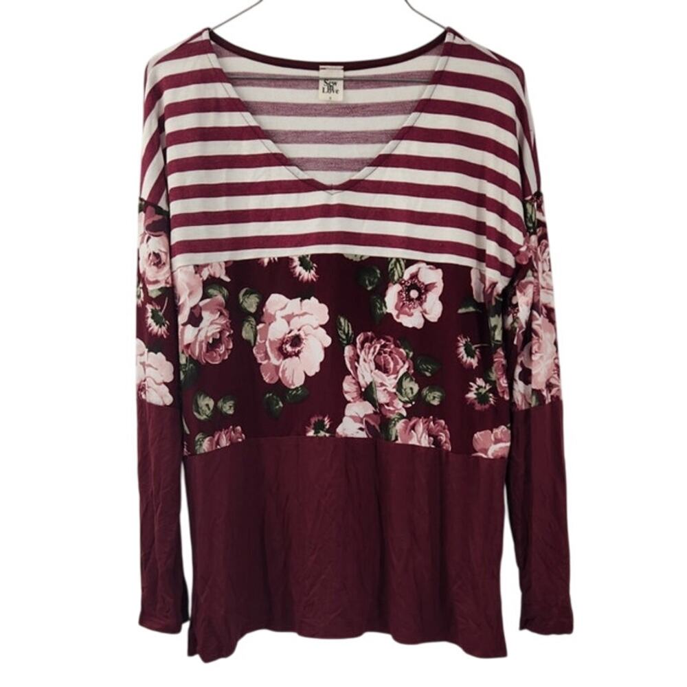 Sew in Love Burgundy Red Striped Floral Long Sleeve Top Womens Size Small S